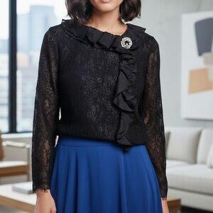 Frascara Sz 6 Metallic Corded Lace Blouse Asymmetrical Ruffle Brooch Evening Top